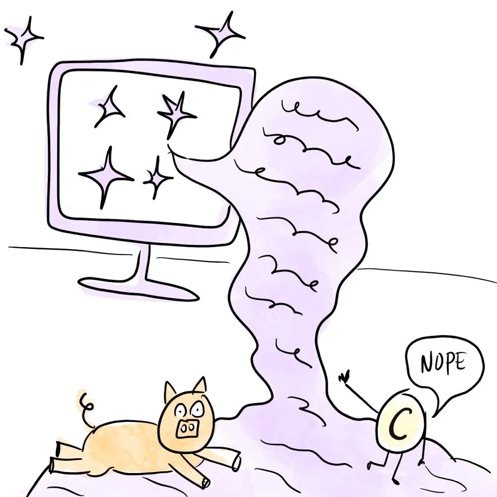 Computer AI character spewing slop, with pig slipping on the slop and copyright symbol going, "Nope"
