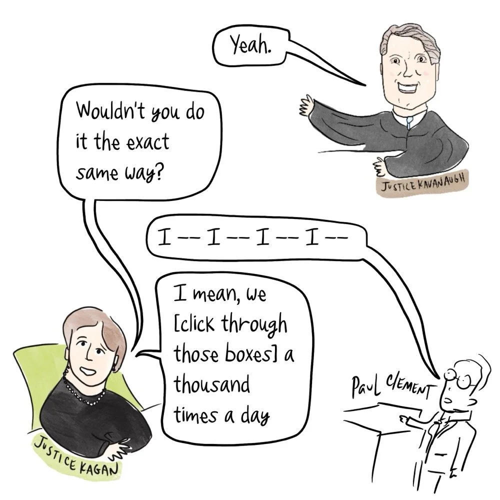The conversation between Kagan and Kavanaugh and Paul CLement continues, and Kagan emphasizes that we click through those consent boxes a thousand times a day