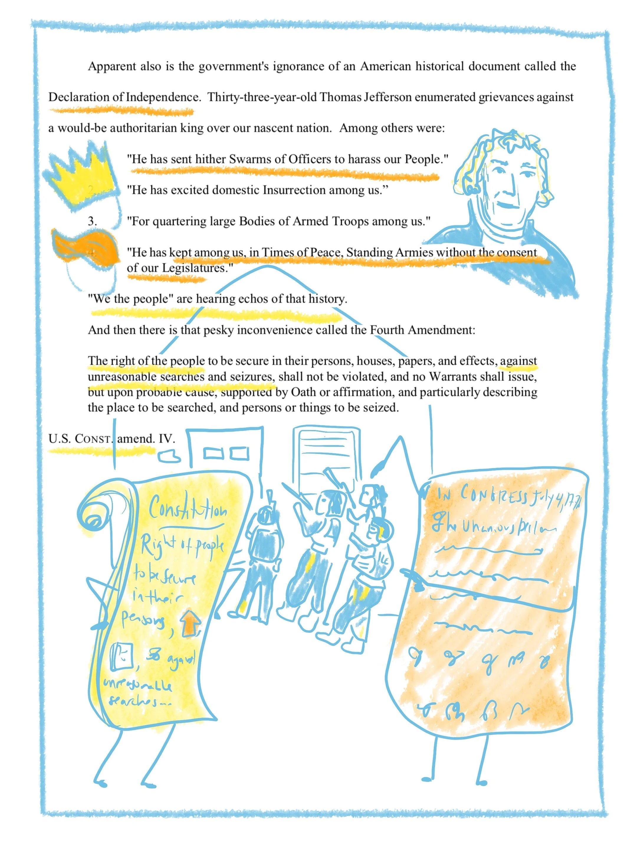 This is the second page of Judge Biery's fiery order in Liam Conejo's habeas case. It has annotations in yellow and orange, including a drawing of ICE officers in front of a home, with the Constitution anthropmorphized, looking angry.