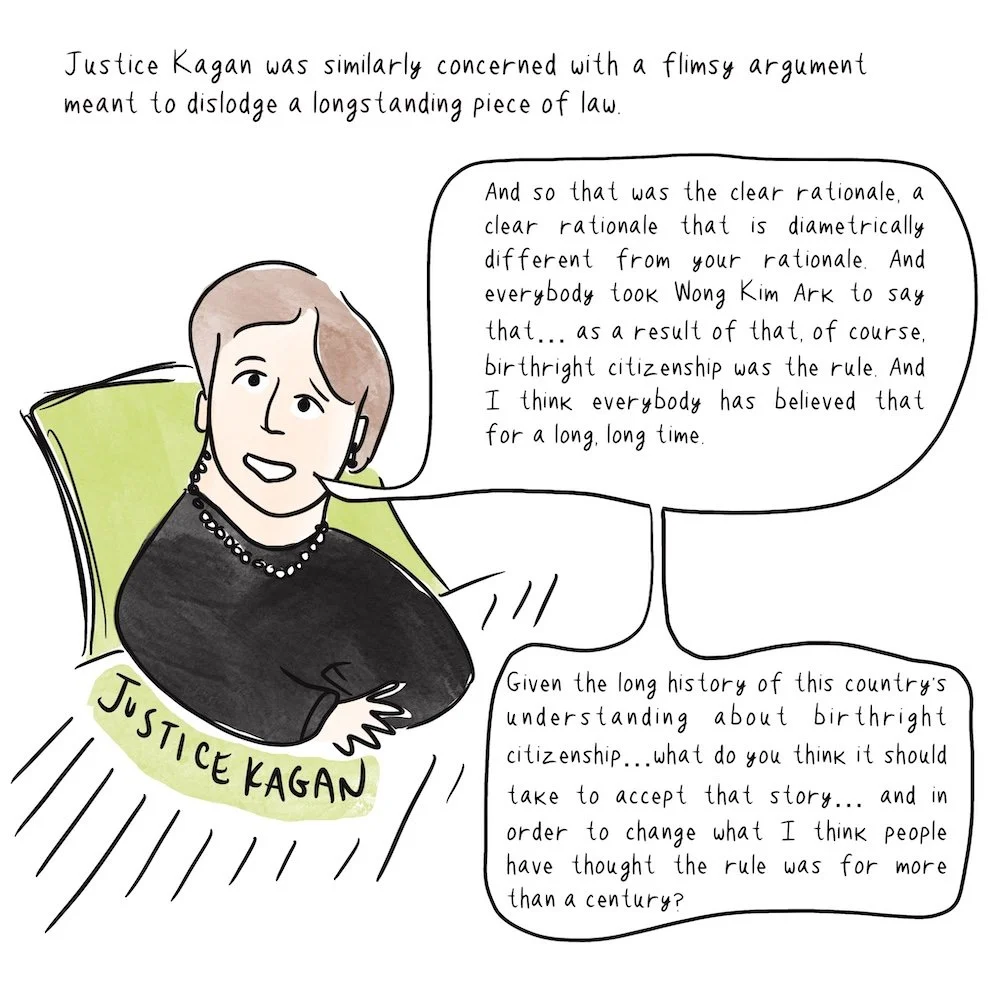 Drawing of Justice Kagan, sitting in a yellow chair, making a point about the birthright citizenship case.