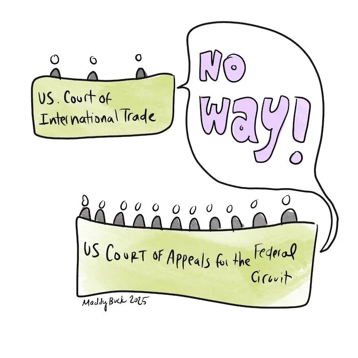 Illustration of the U.S. Court of International Trade and U.S. Court of Appeals for the Federal Circuit saying, "NO WAY"