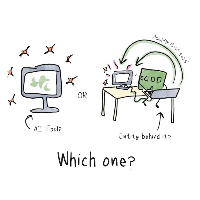 Illustration of a computer (representing AI/large language model) versus the entity (illustration of a person on their computer, messing with the AI tool. The text says, "Which one?"