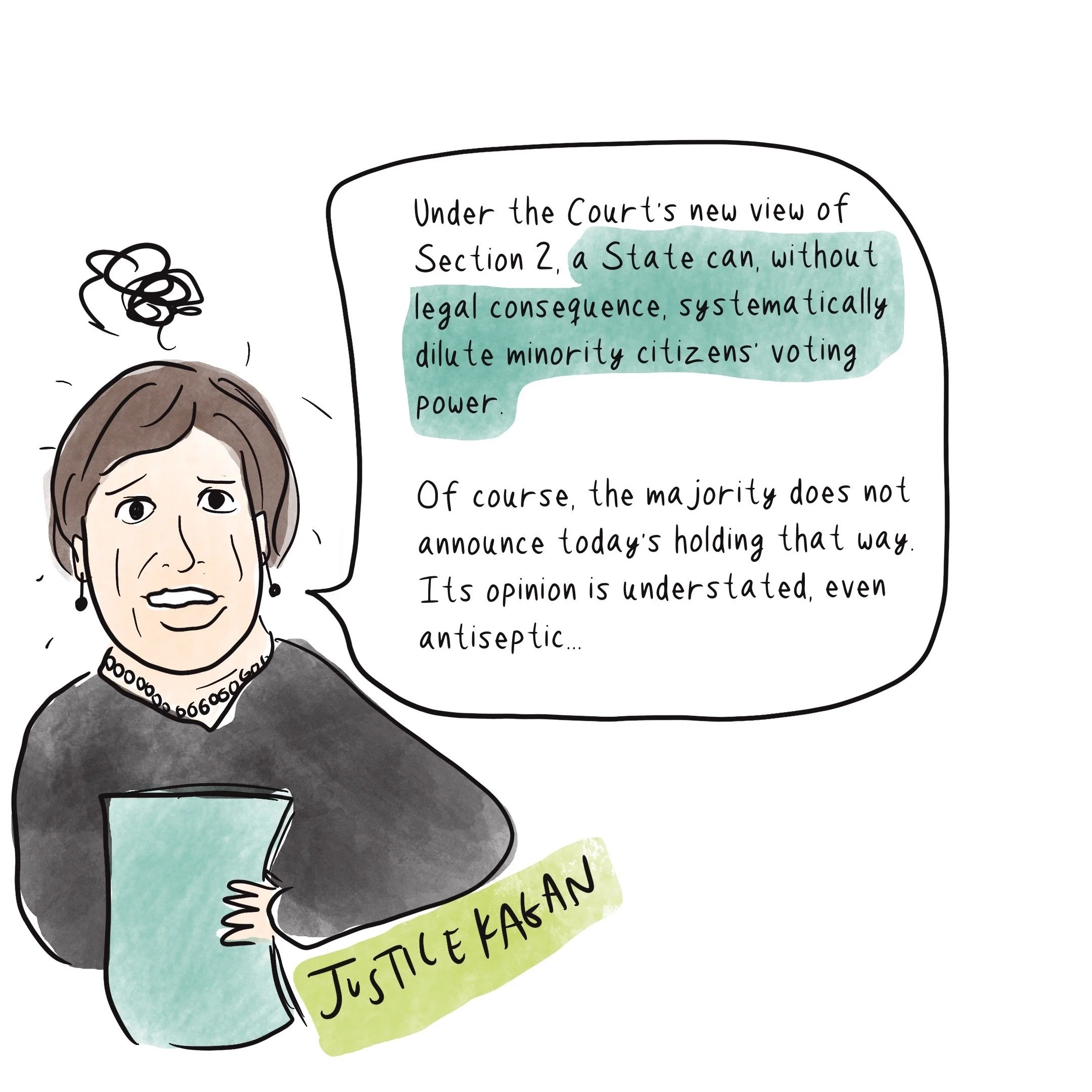 Justice Kagan reading her dissent from Callais. Illustration shows her, looking upset, with a scribble over head, and the first lines of her dissent in a speech bubble.