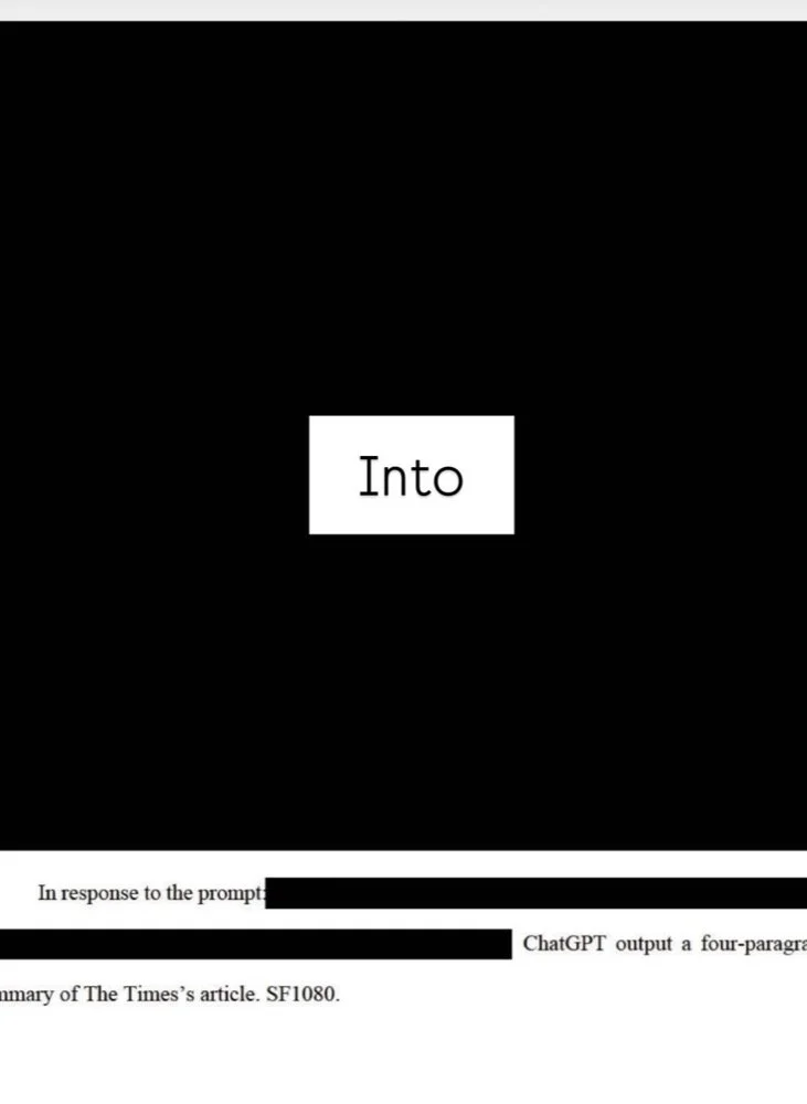 A third screenshot of a huge black box, a redacted page from a brief in the n Re Open AI, copyright infringement litigation.