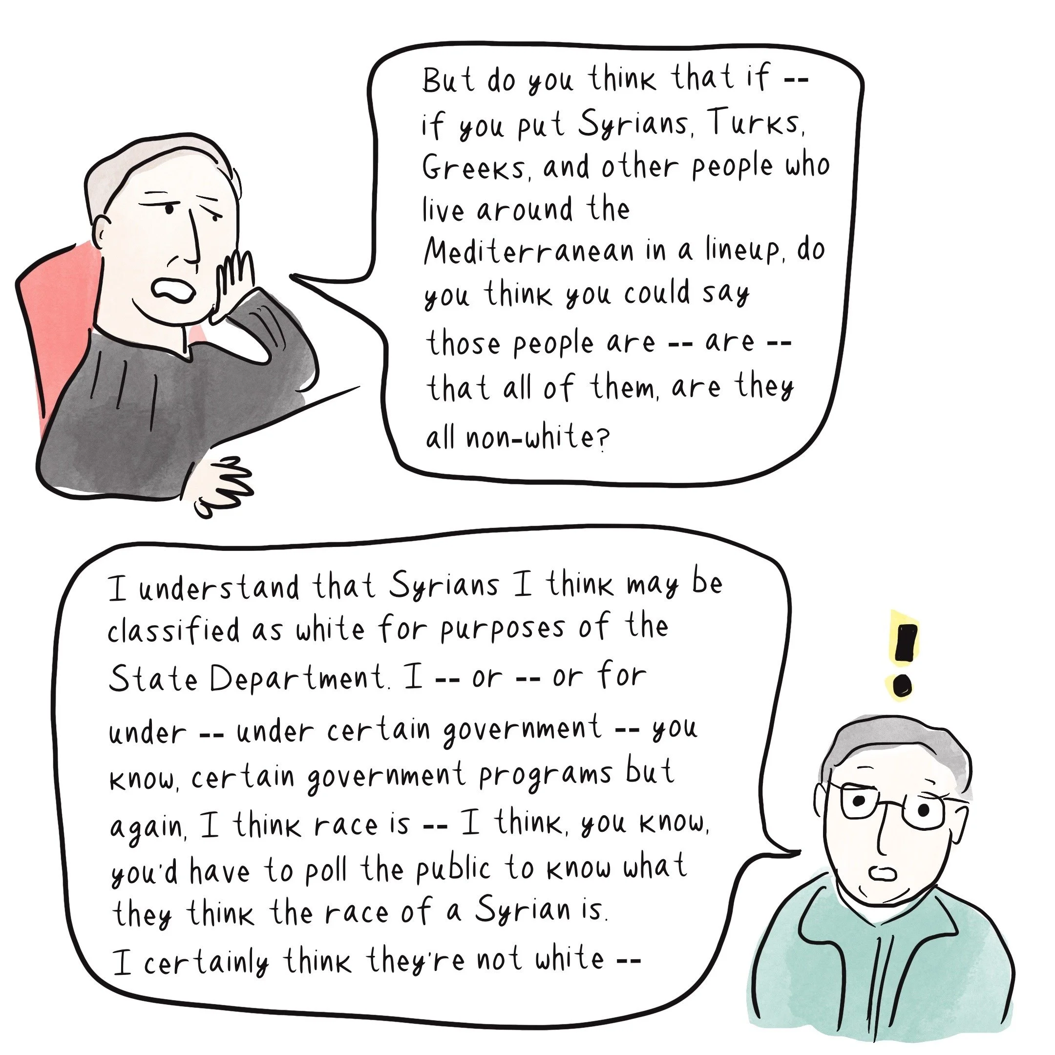 At the top is Justice Alito from the bench, spewing his thoughts via speech bubble. Below is the attorney attempting to reply, via speech bubble. It's an illustration.