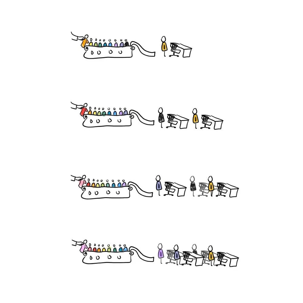 Illustration shows a supreme court with rainbow colored justices, four times. Each time, each justice moves to the right, off the court and into desks to the right of the court.