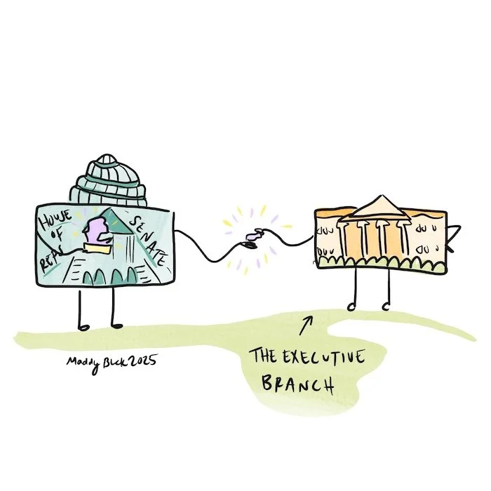 Illustration of Congress building giving a tiny bit of glittering power (looks like a rock or a gem) to the White House (the symbol for the executive branch).