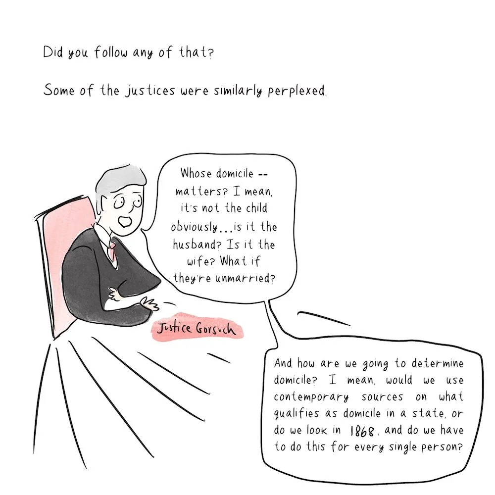 Justice Gorsuch, in a drawing, sitting on a red chair, with word bubbles, as represented in surrounding text.