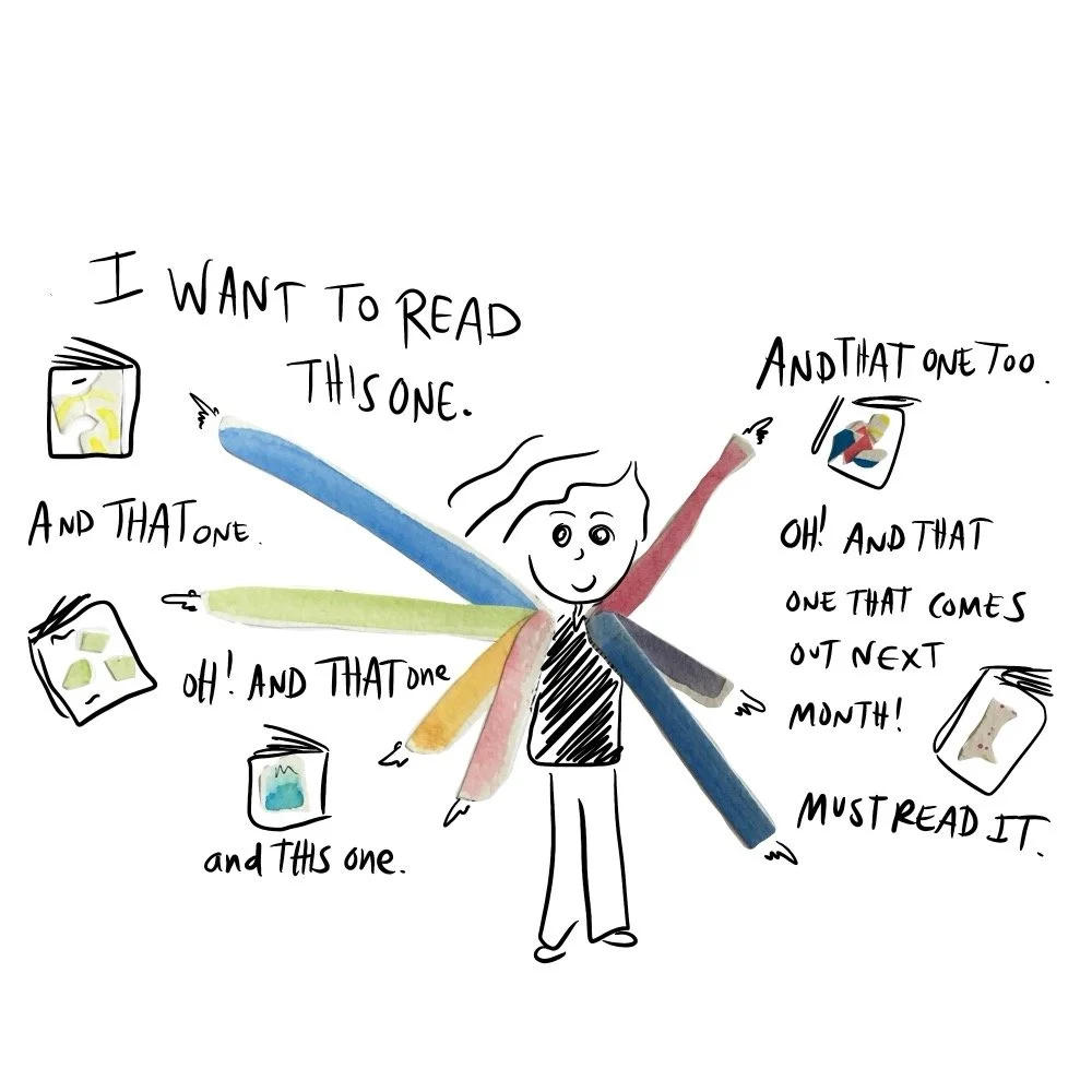 Illustration of a girl who is obsessed with books, pointing to millions and saying she wants to read them all.