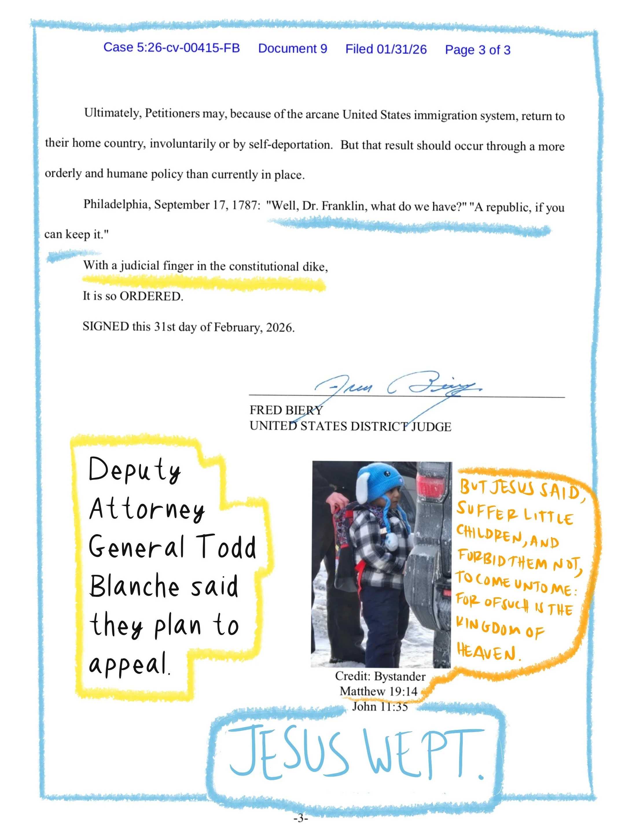 Last page of Judge Biery's order in Liam Conejo habeas case. Includes the iconic photo of Liam with the blue hat and some colorful annotations.
