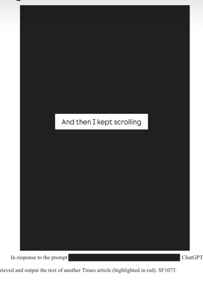 Screenshot of a huge black box, a redacted page from a brief in the n Re Open AI, copyright infringement litigation