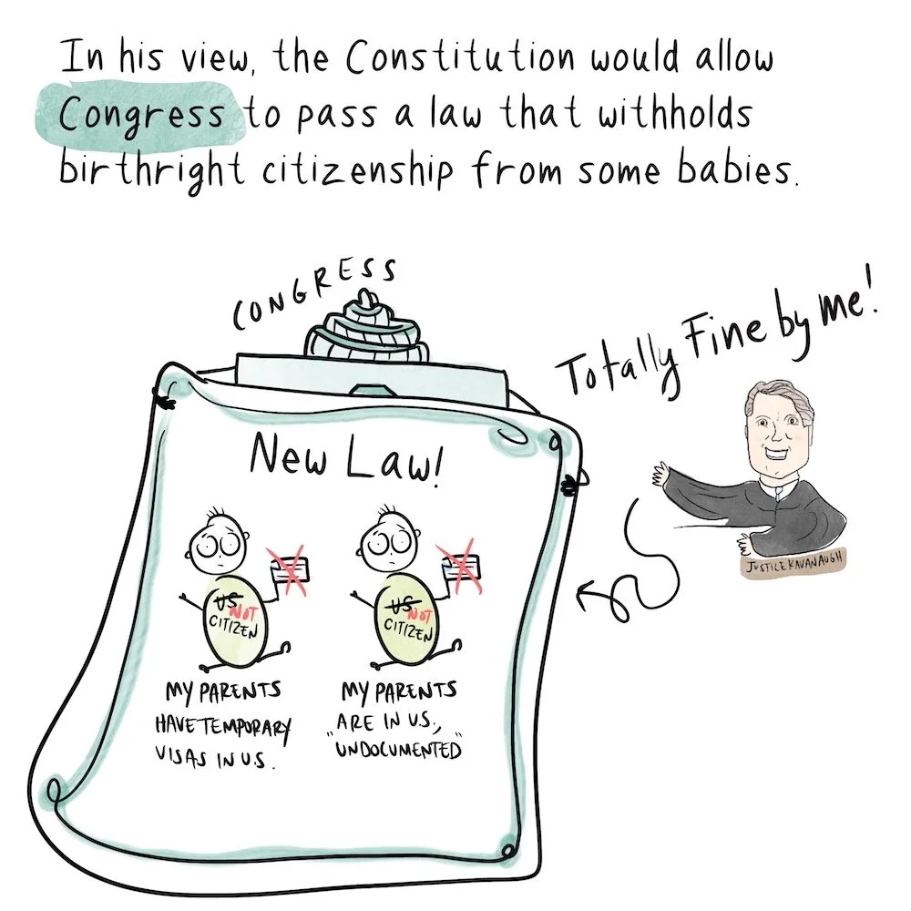 Text: In his view, the Constitution would allow Congress to pass al aw that withholds birthright citizenship from some babies. Drawing show Congress holding a "new law" that shows babies with shirts that say "US Citizen" but the "US" part is xd out.