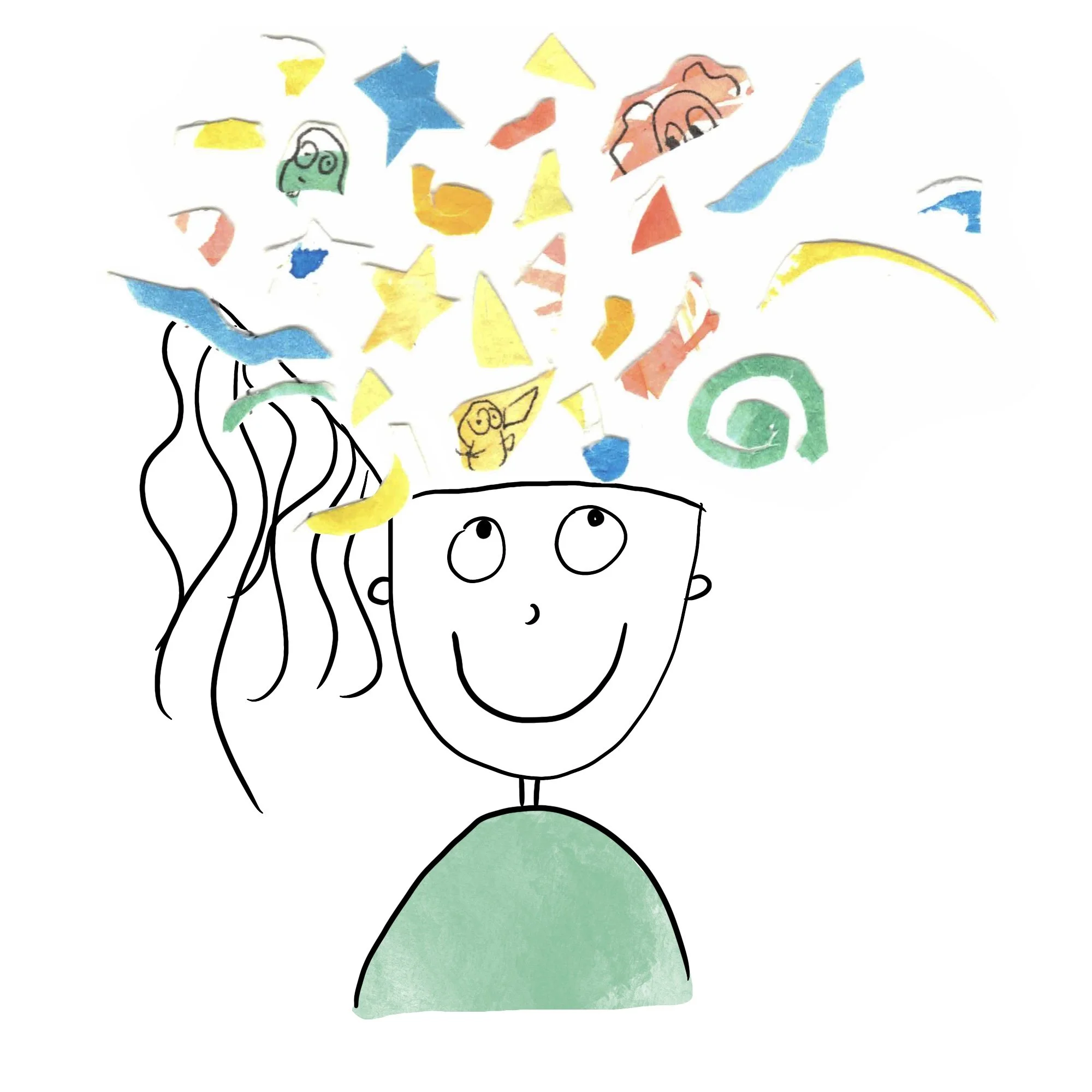 Lawyer looking up at creative, colorful things above their head, popping out of them. Very happy face. Still in green shirt.