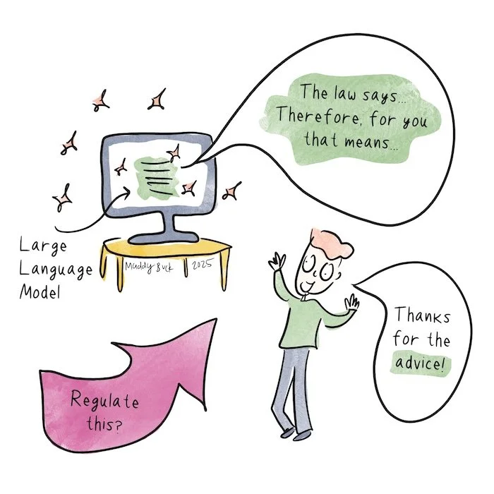 Illustration showing a person believing an AI large language model, and an arrow asking, "regulate this"?