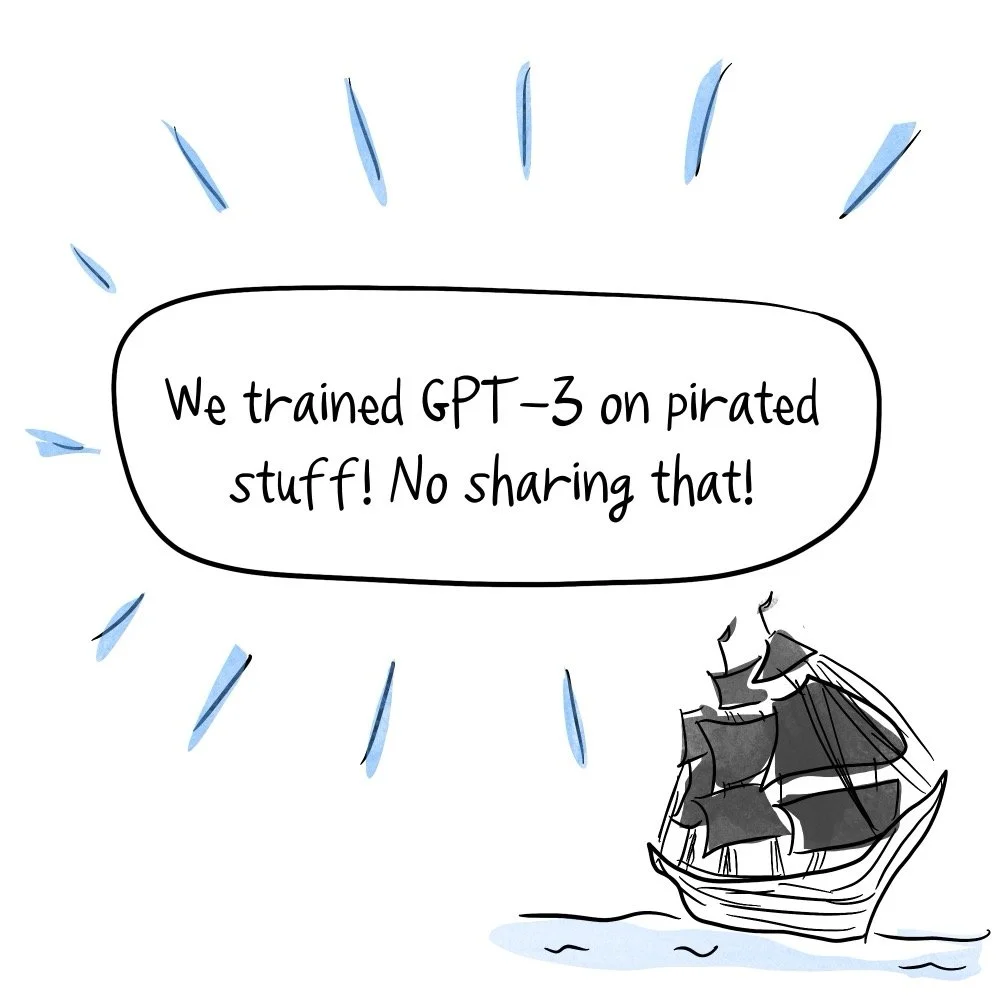 Drawing of quote about how OpenAI trained on pirated books. Drawing includes a pirate ship.