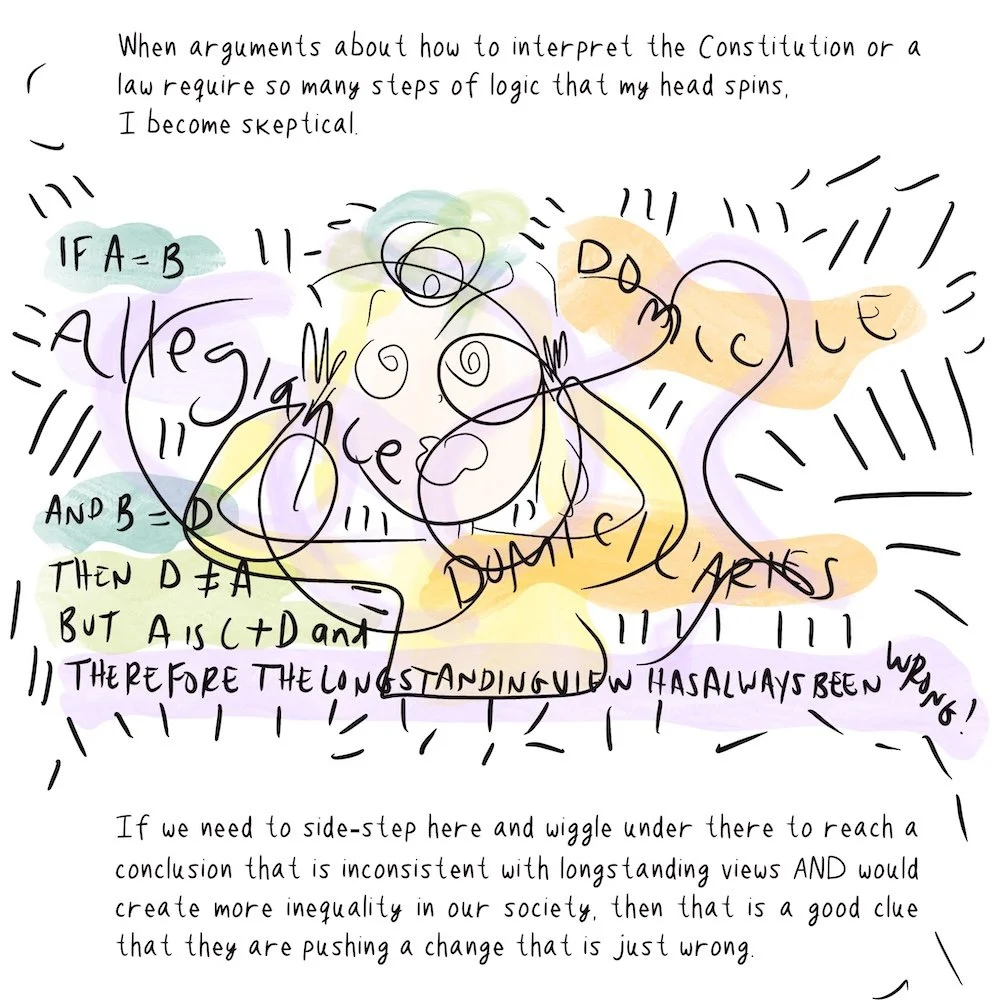 Drawing of a woman with spirals in her eyes, color everywhere, lines everywhere, just overwhelmed by all these weird words like "domicil."