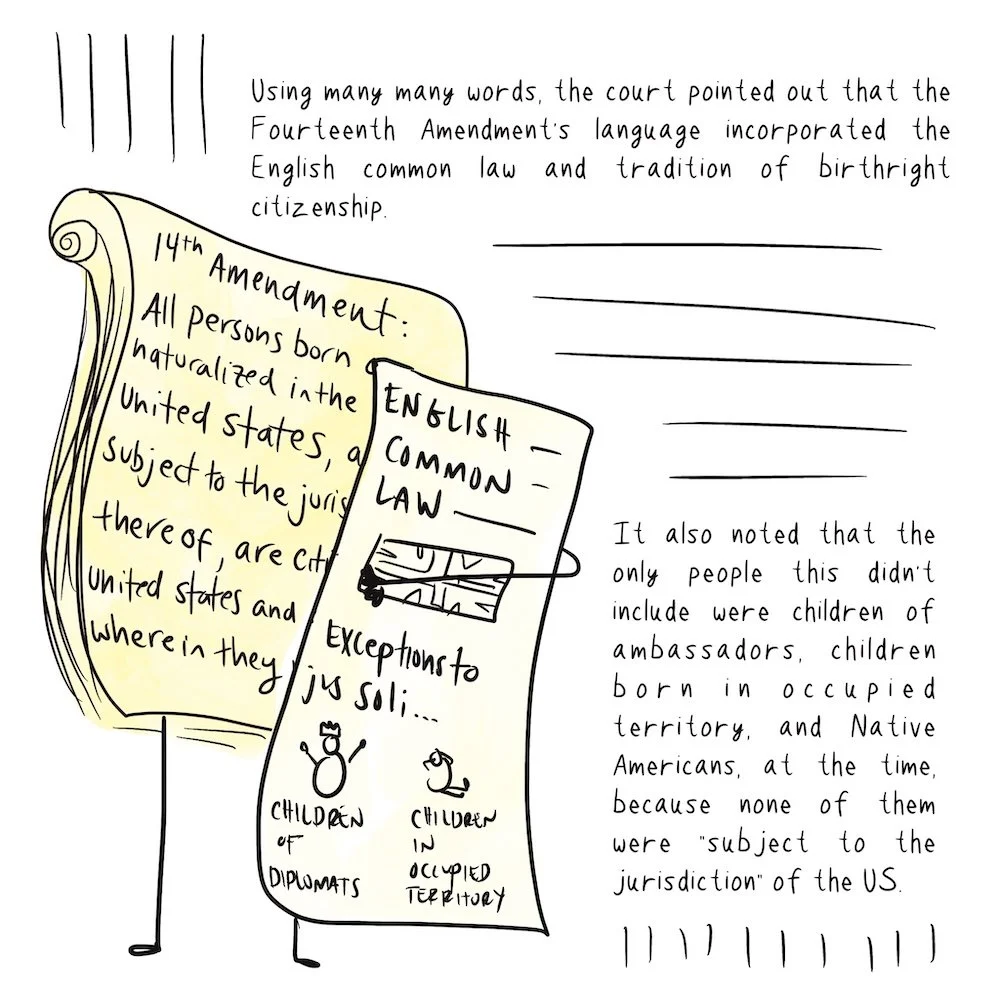 Drawing of the U.S. Constitution, 14th Amendment (with arms and legs) holding English Common law document.