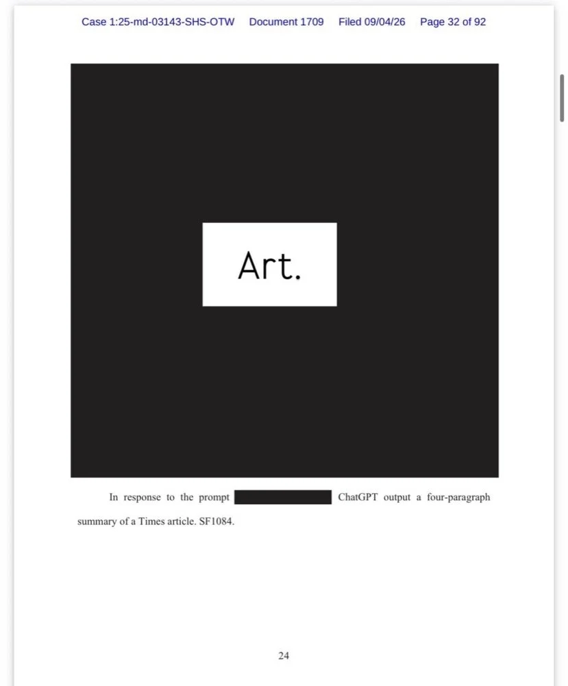 A fifth screenshot of a huge black box, a redacted page from a brief in the n Re Open AI, copyright infringement litigation. This one has some text at the end.