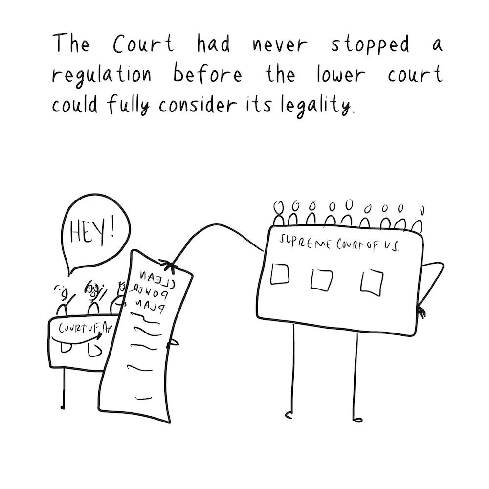 The Supreme Court is drawn as a figure that is stealing the Clean Power Plan from the court of appeals, which was considering the case.