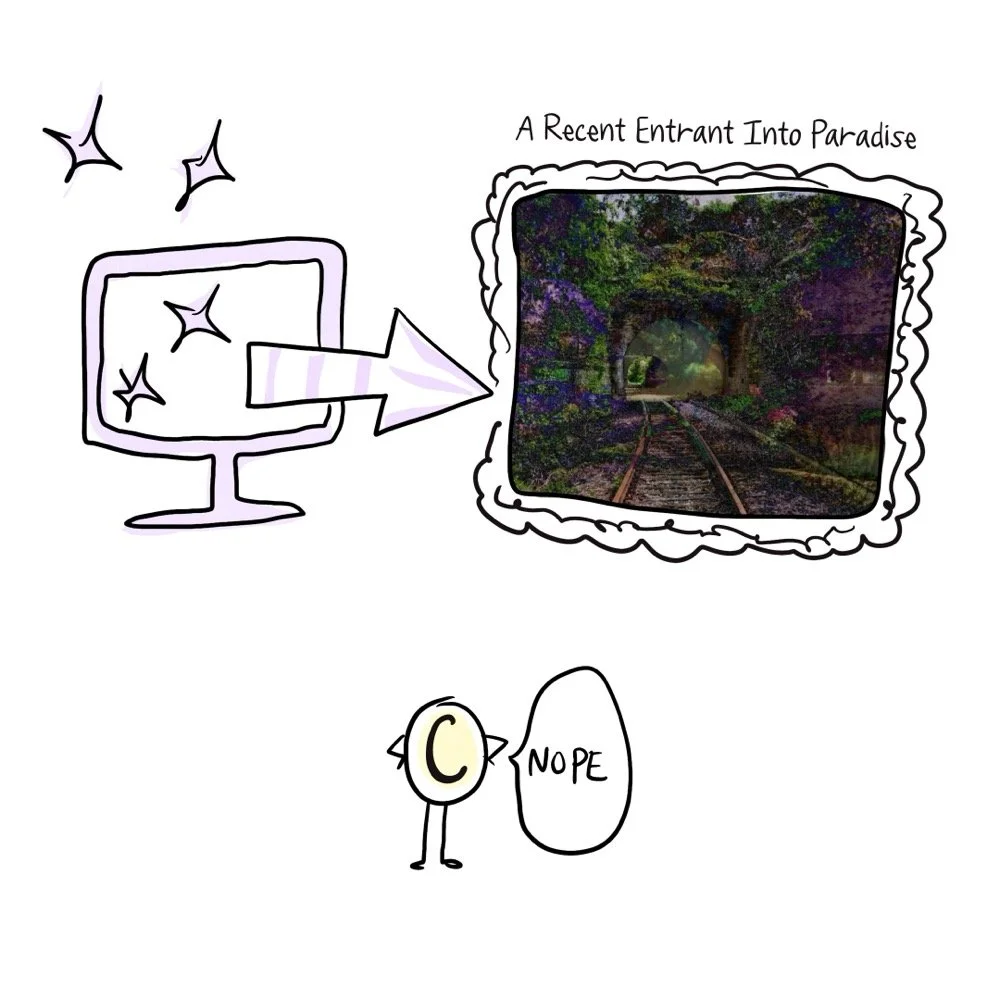Illustration of a computer with AI, pointing to a painting called "A Recent Entrant Into Paradise," with copyright symbol saying, "nope."