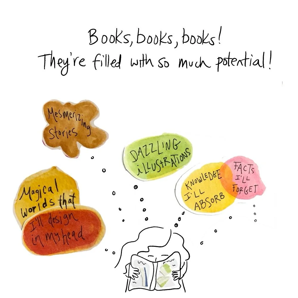Illustration of a girl reading books.
