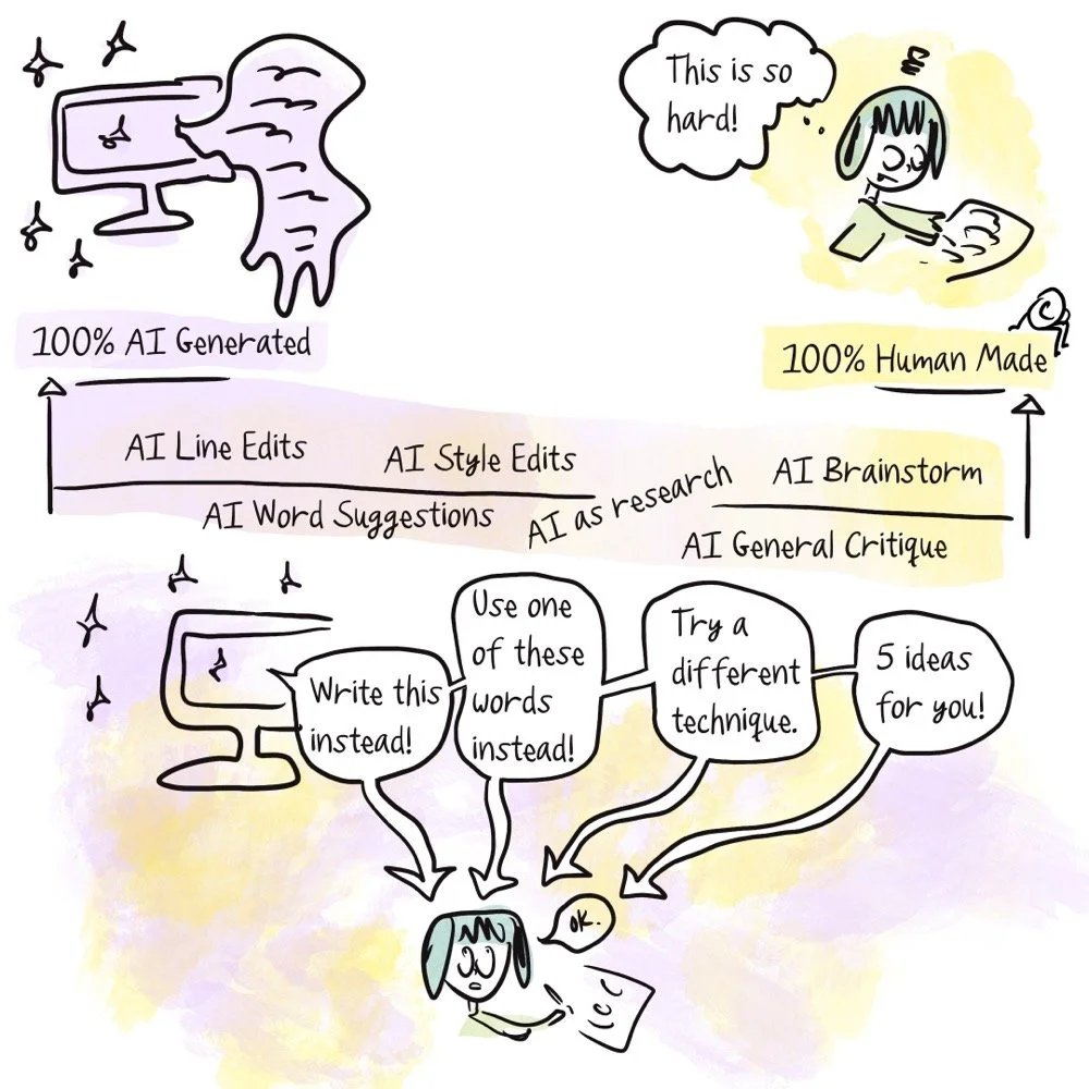 Drawing of a scale from 100% Ai Generated to 100% Human Made. Where does the copyright come into play is the question.