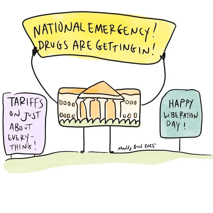 Illustration of the White House holding up a sign that says "National Emergency! Drugs are getting in!"