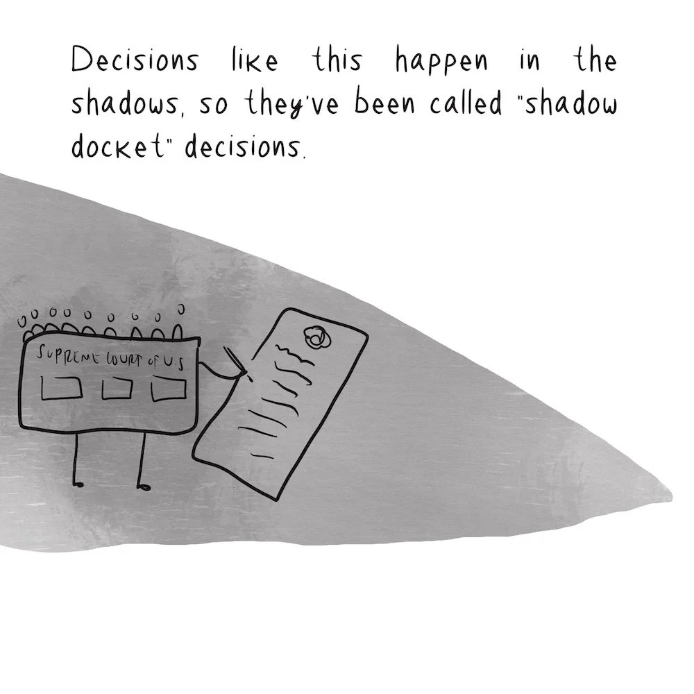 Drawing of the Supreme Court holding a piece of paper and sitting in a shadow.