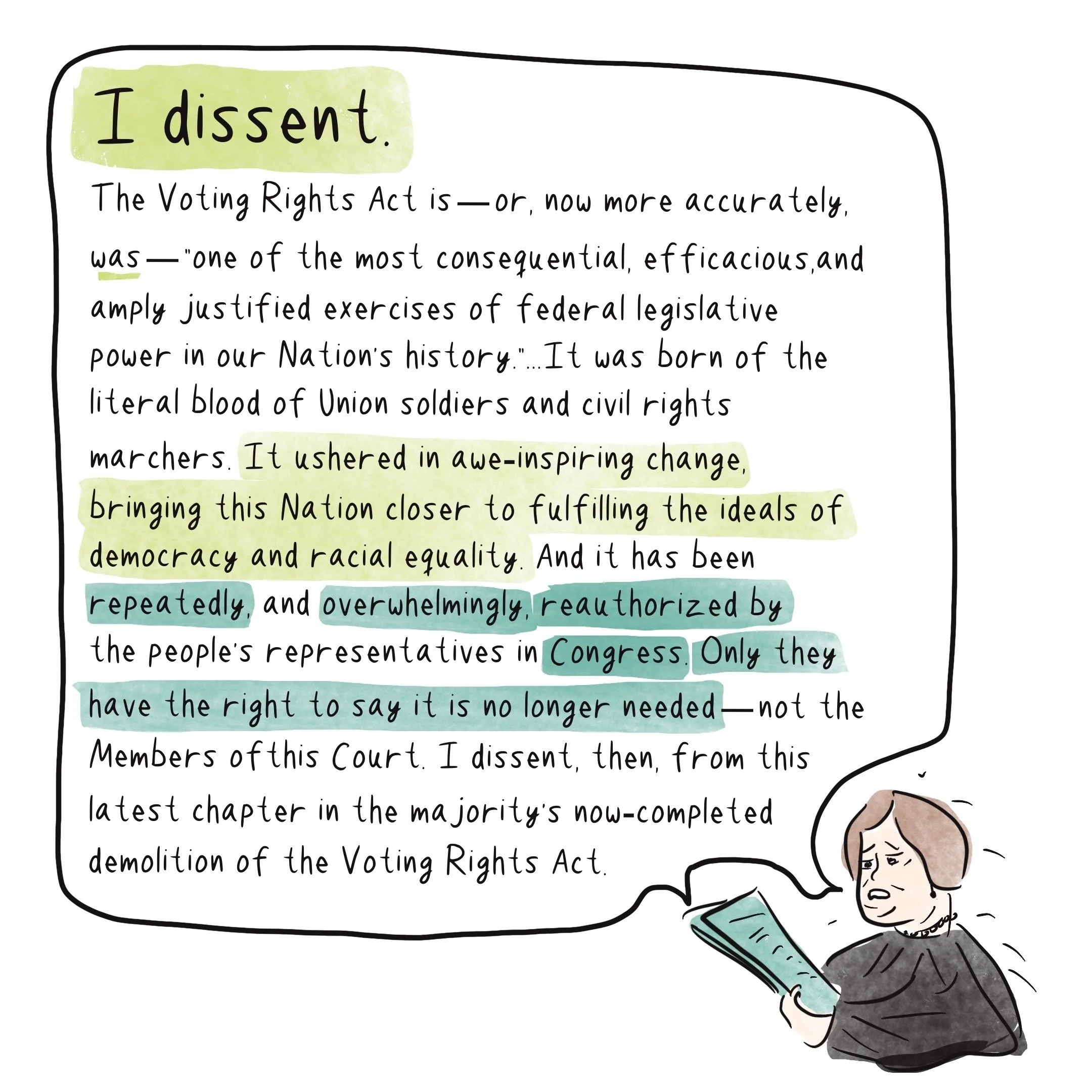Illustration of Justice Kagan, looking animated, reading Callais dissent. Parts of the text are highlighted.