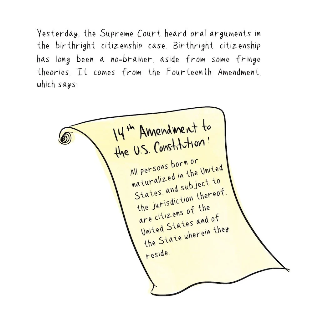 14th Amendment to the U.S. Constitution - drawing of a yellow scroll with amendment text on it.