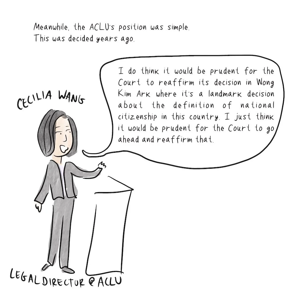 Drawing of a woman in a suit, labeled "Cecilia Wang" making an argument about how the Court should decide Trump v. Barbara.
