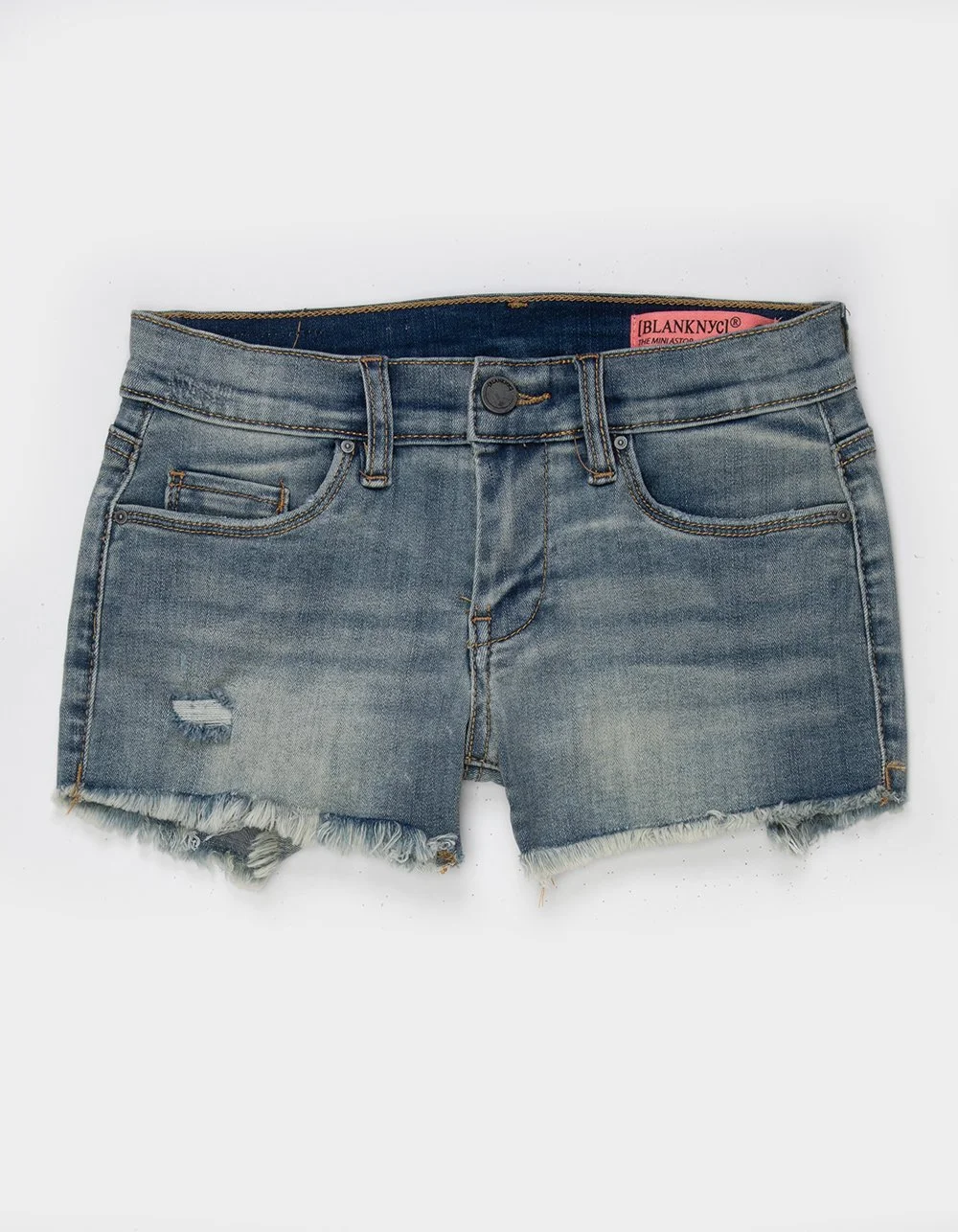 A pair of distressed denim shorts with frayed hems and a small rip on the left side.