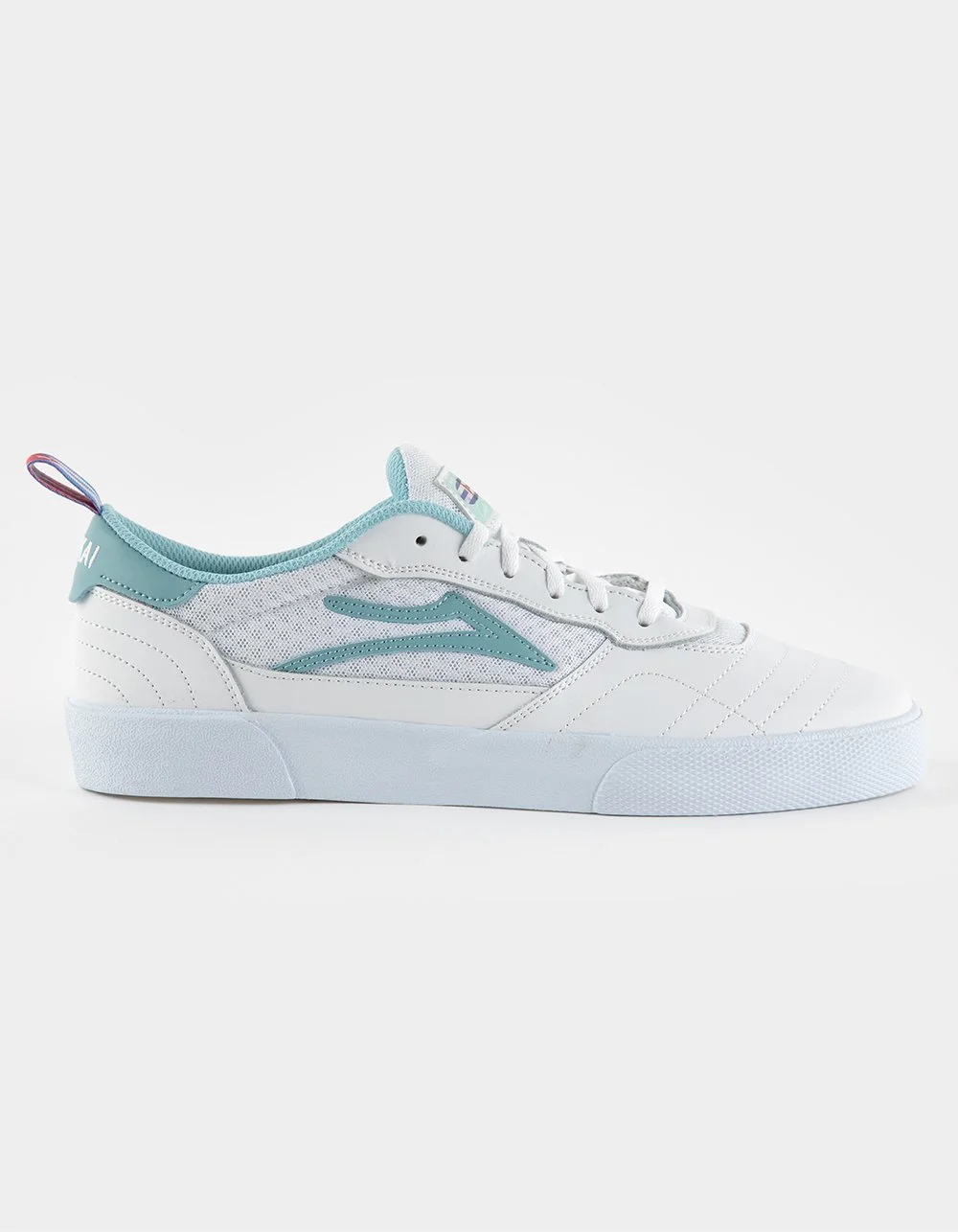 White and light blue sneaker with mesh and leather materials, lace-up design, and a pull tab at the heel.
