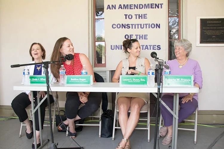 The dynamic panel of ERA Day, (left to right), Linda Wharton J.D., Professor of Political Science at Stockton University; Bettina Hager, COO & DC Director, ERA Coalition; Laura Dunn, Esq., attorney and Founder of SurvJustice; and moderator Roberta Francis, founder of www.EqualRightsAmendment.org .