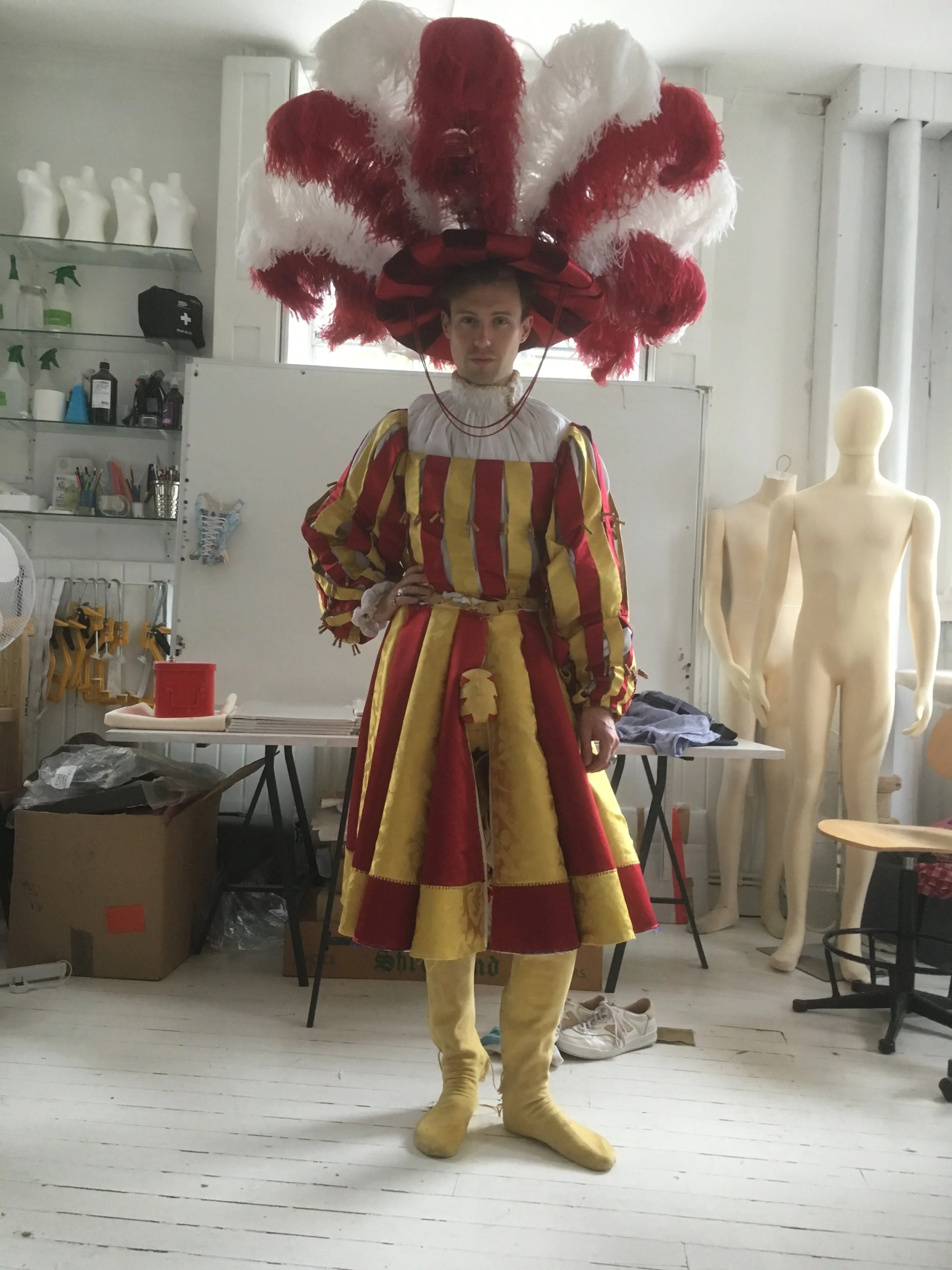  The pair of nearly complete bases on the model.  Doublet and hose constructed by Jenny Tiramani  Model: Jack Tiramani 