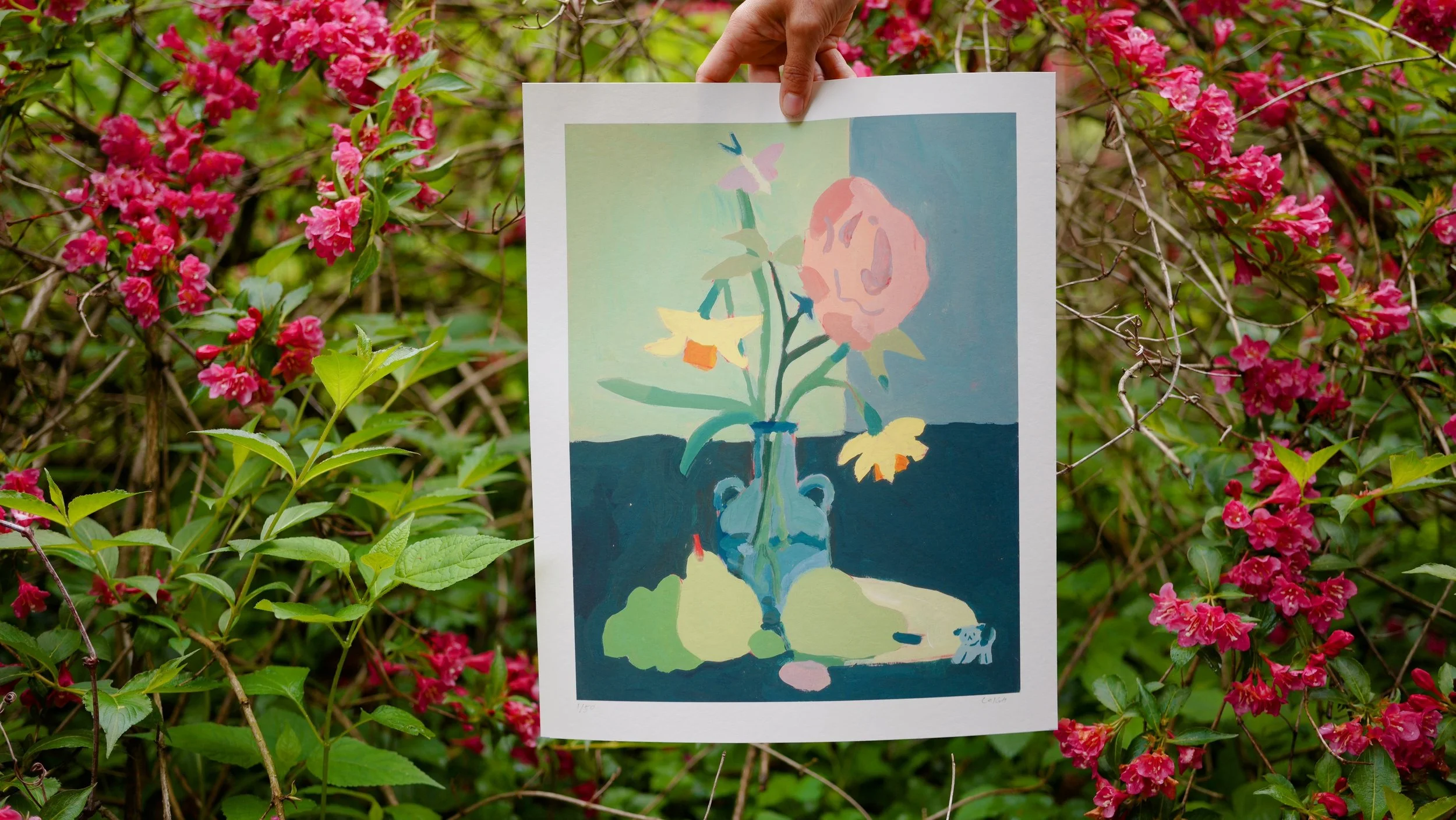little puppy flower still life archival print