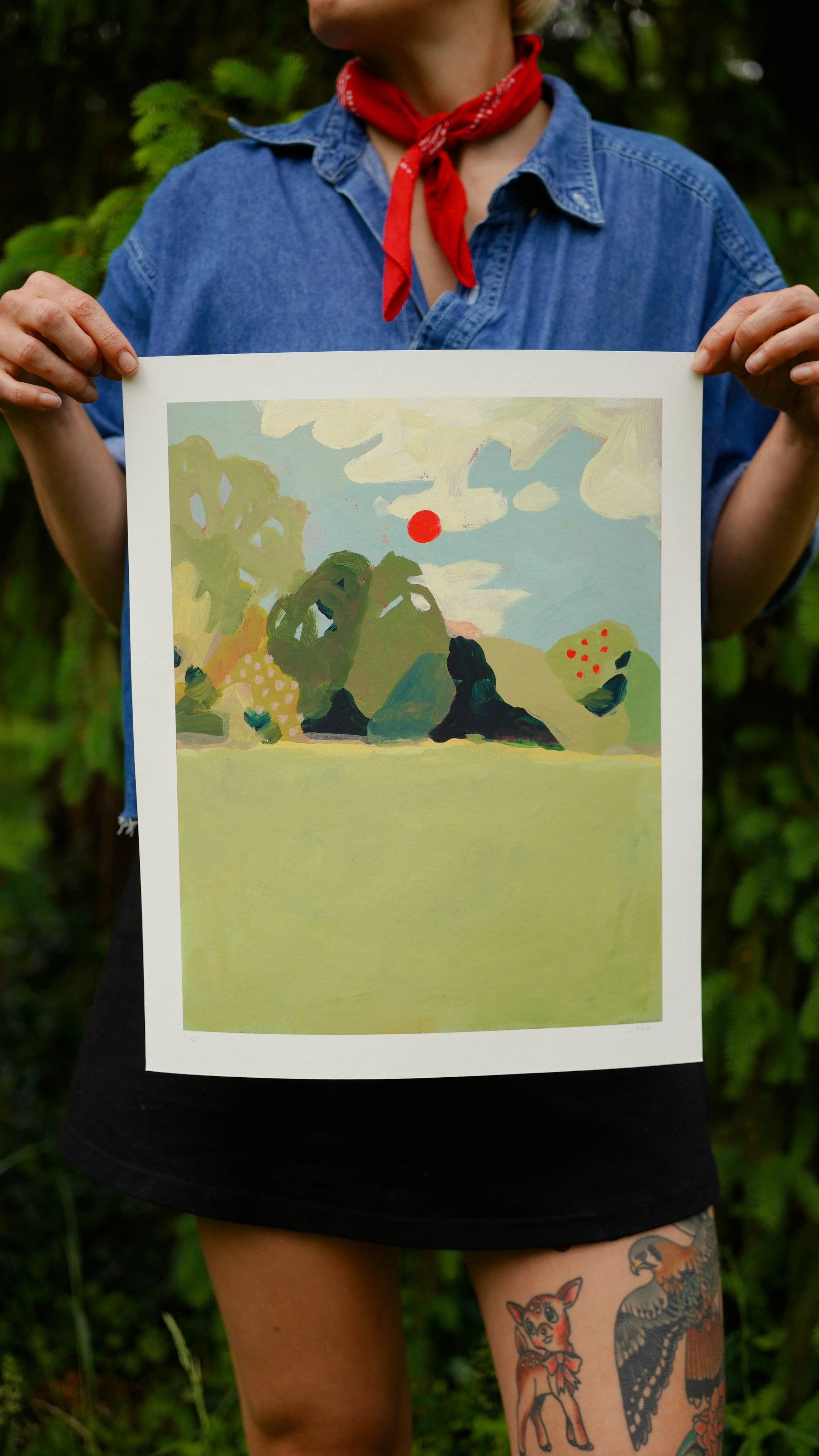 grassy landscape with red sun archival print