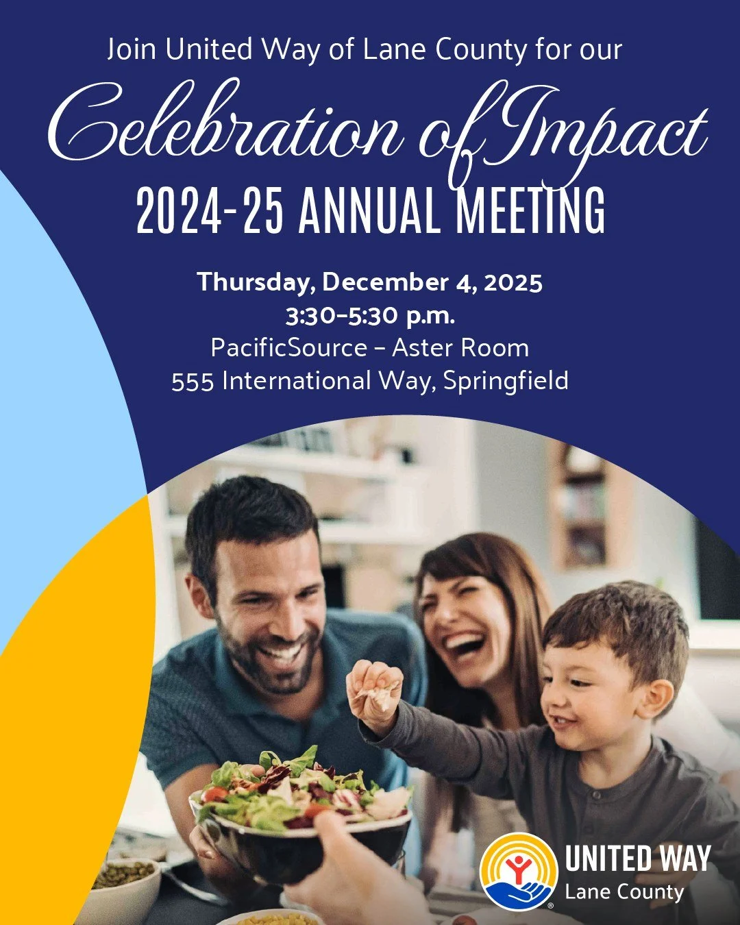 Join United Way of Lane County for our 2024-25 Celebration of Impact and Annual Meeting! As we close out 2025, we&rsquo;re excited to gather with you&mdash;our partners and supporters&mdash;to reflect on our shared impacts in Lane County from 2024-25