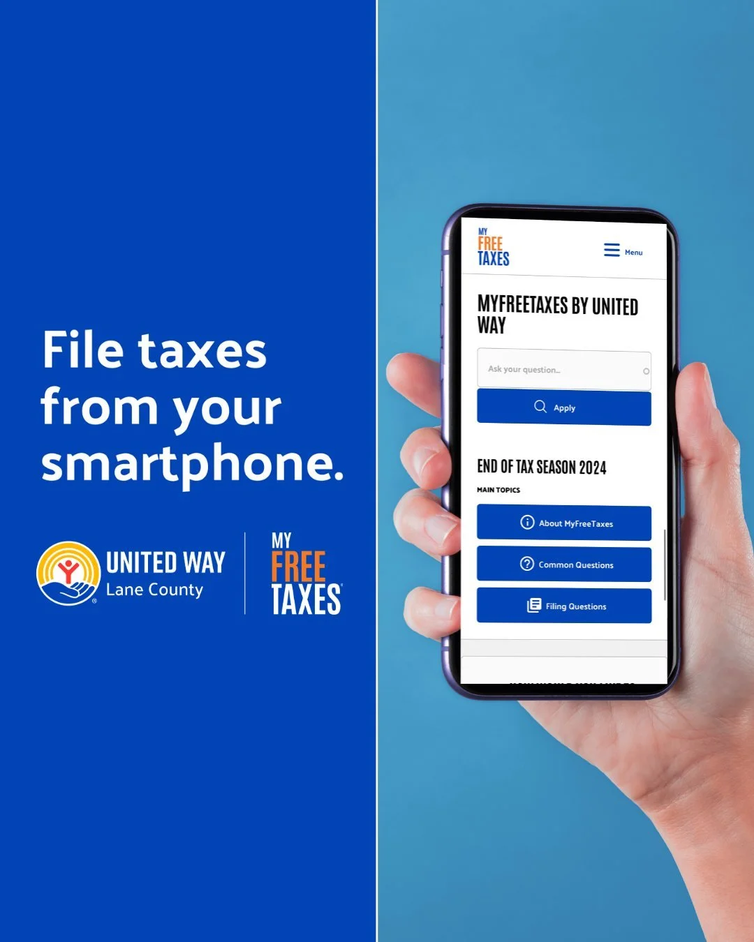 File your taxes for free, from the convenience of your smartphone! With MyFreeTaxes, powered by United Way, filers who made less than $89,000 in 2025 can file with ease. Visit myfreetaxes.com to learn more.

Other local options for filing for the 202