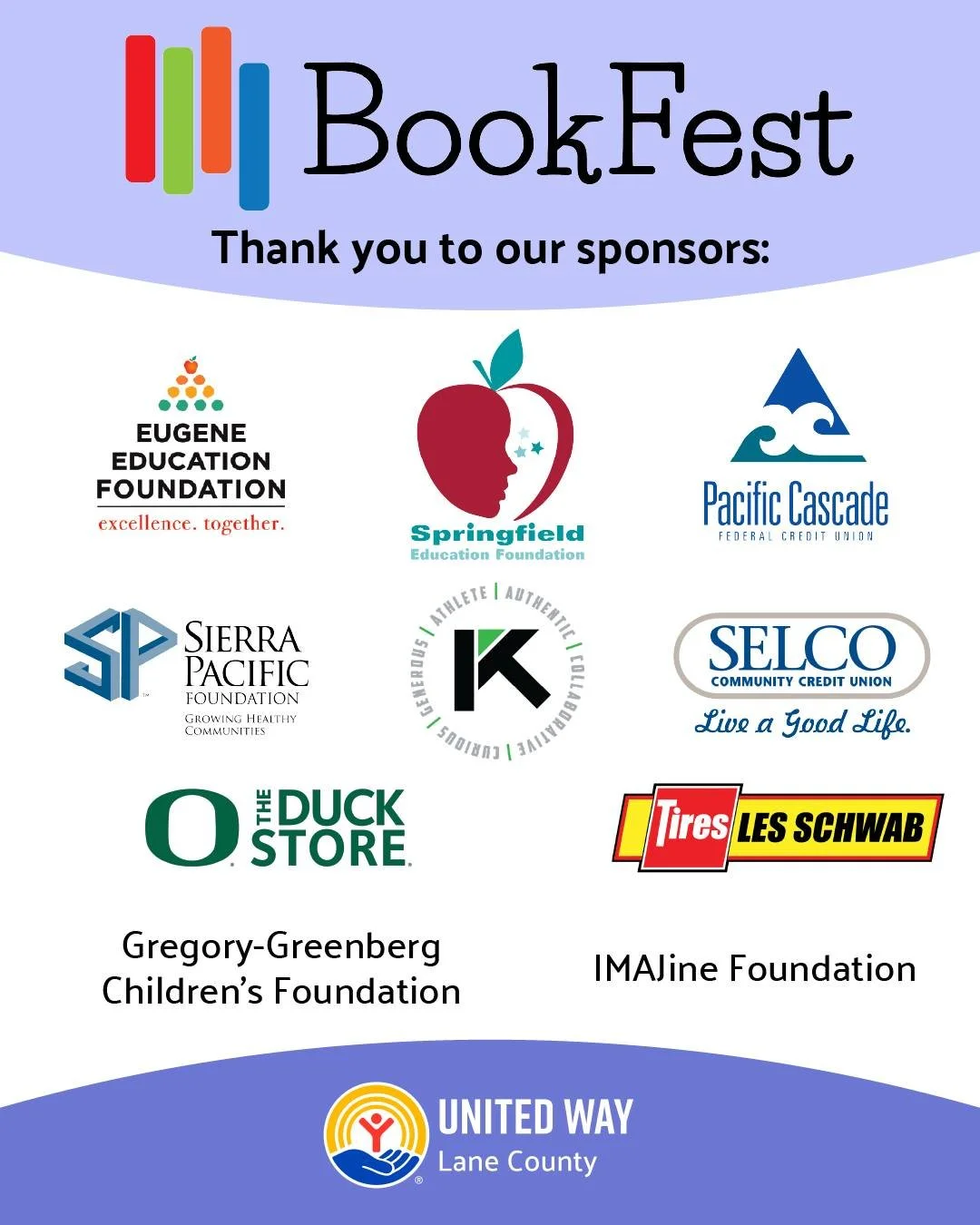Getting books into the hands of 1500 Lane County kids was only possible this year thanks to our amazing BookFest sponsors! A huge "thank you" to these great organizations:
- @eugeneeducationfoundation 
- @springfieldeducationfoundation 
- @