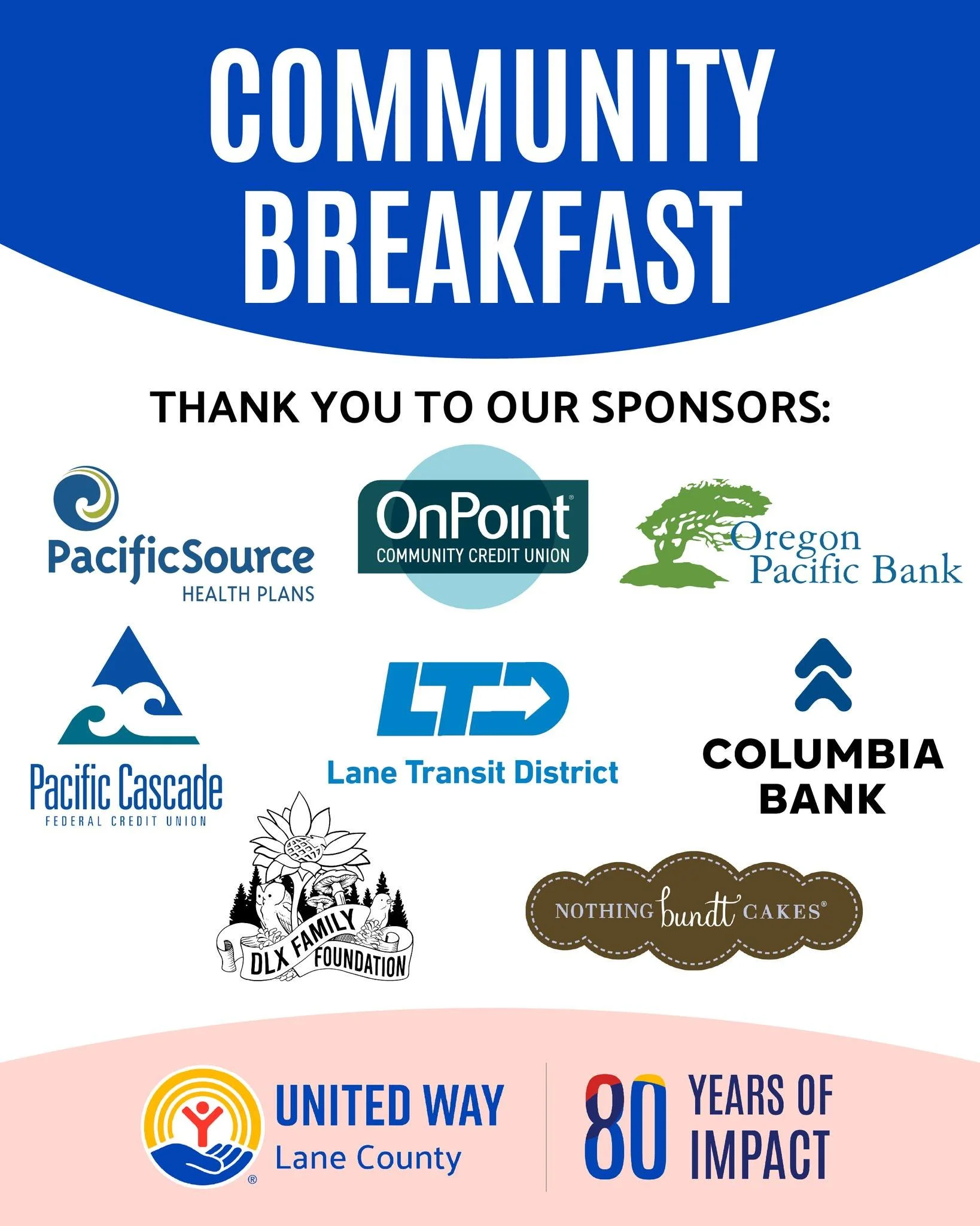 Our Community Breakfast is only made possible through the support of our sponsors! Thank you to these organizations for their commitment to moving our communities from surviving to thriving:
- @pacificsourcehealthplans
- @onpointcu
- @oregon_pacific_