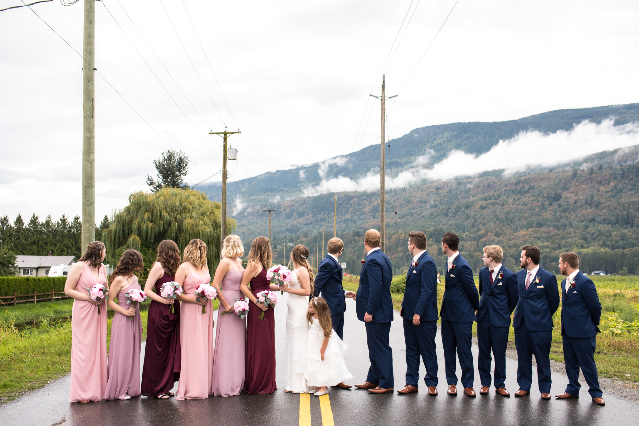 Bridal party walking down the street in Abbotsford BC