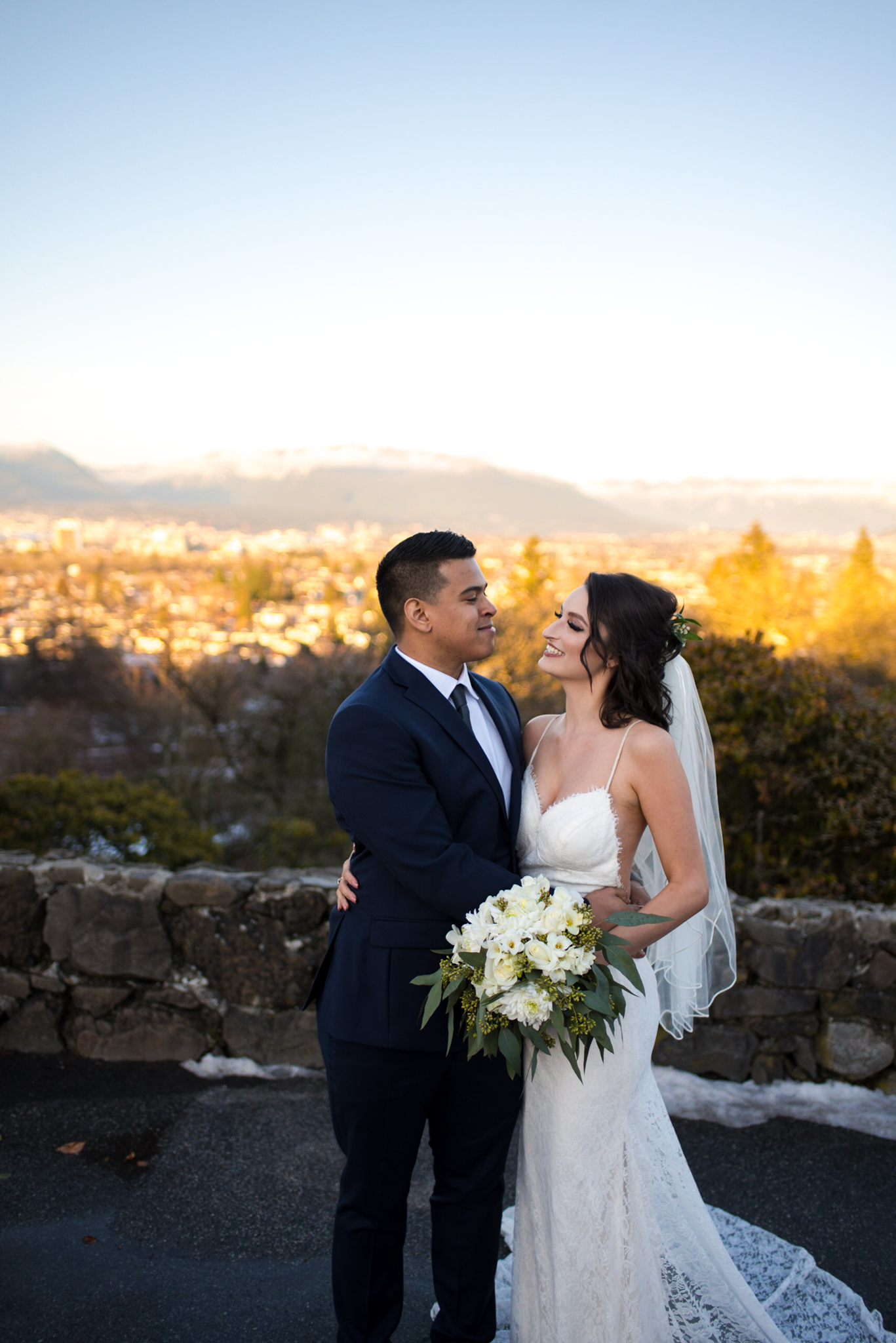 Bride and Groom in Queen Elizabeth Park overlooking Vancouver BC