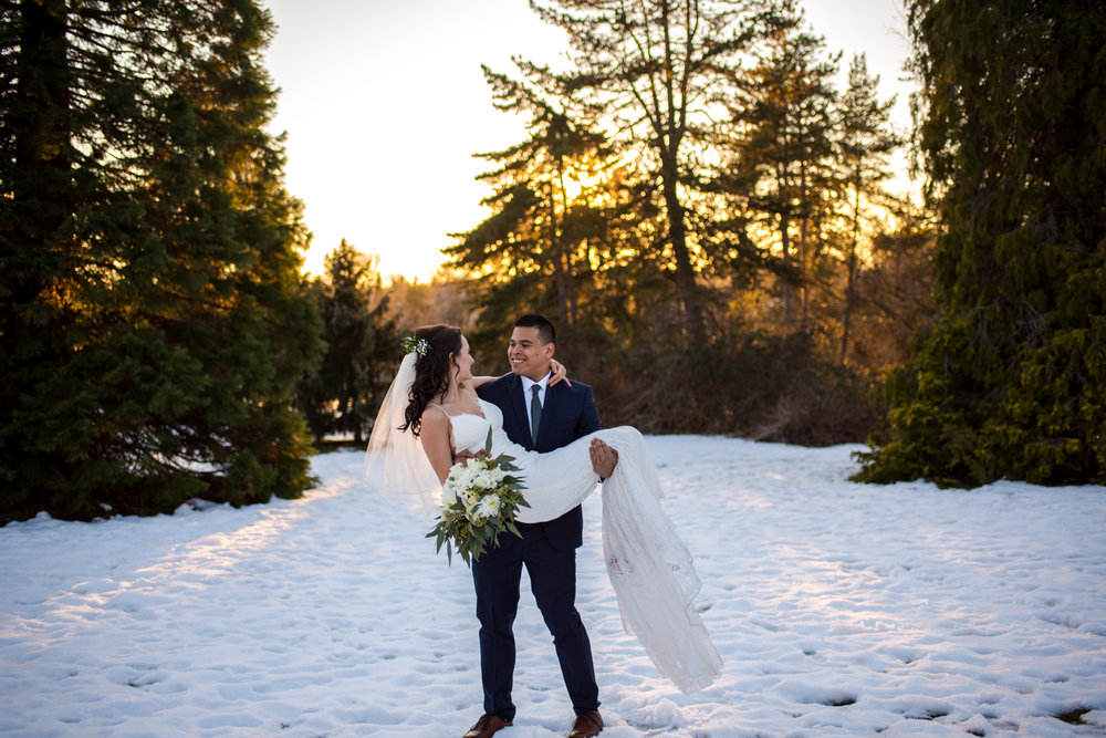 Bride and Groom in Snowy Park in Vancouver BC