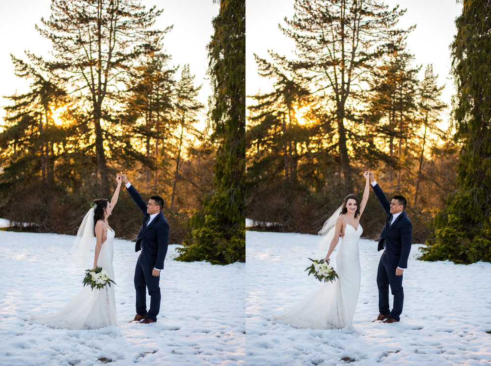 Bride and Groom in Queen Elizabeth Park in the snow