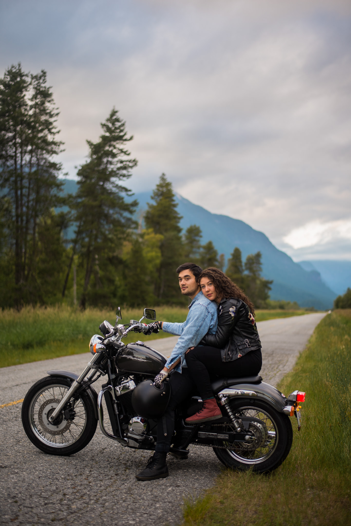 Engaged couple on motorbike in Pitt Meadows, BC