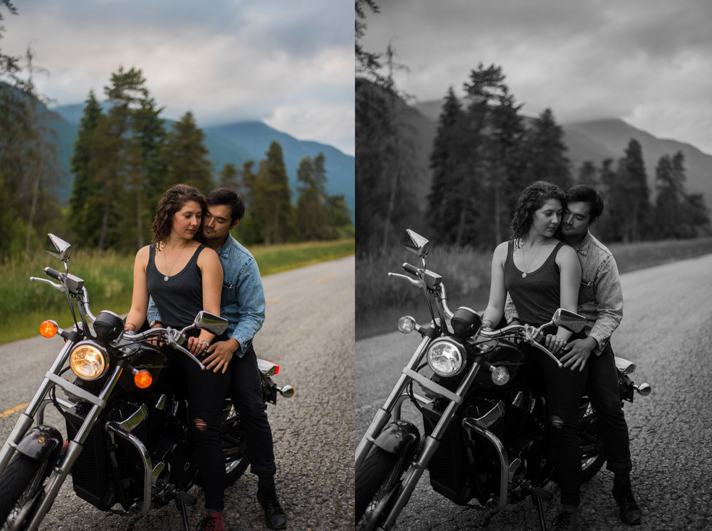 Motorbike engagement session at Pitt Lake, BC