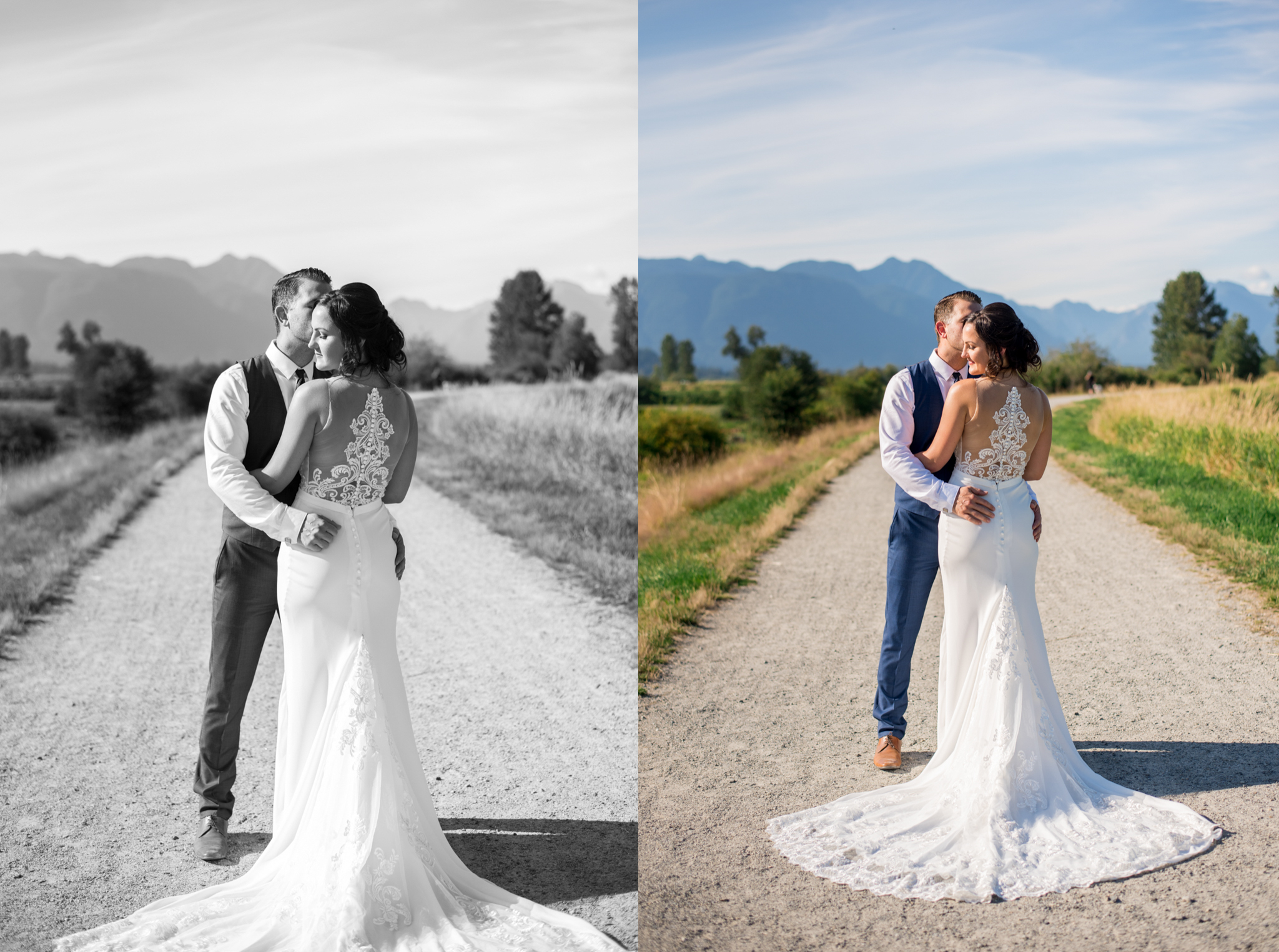Bride and Groom embracing in Jerry Sulina Park, Maple Ridge, BC