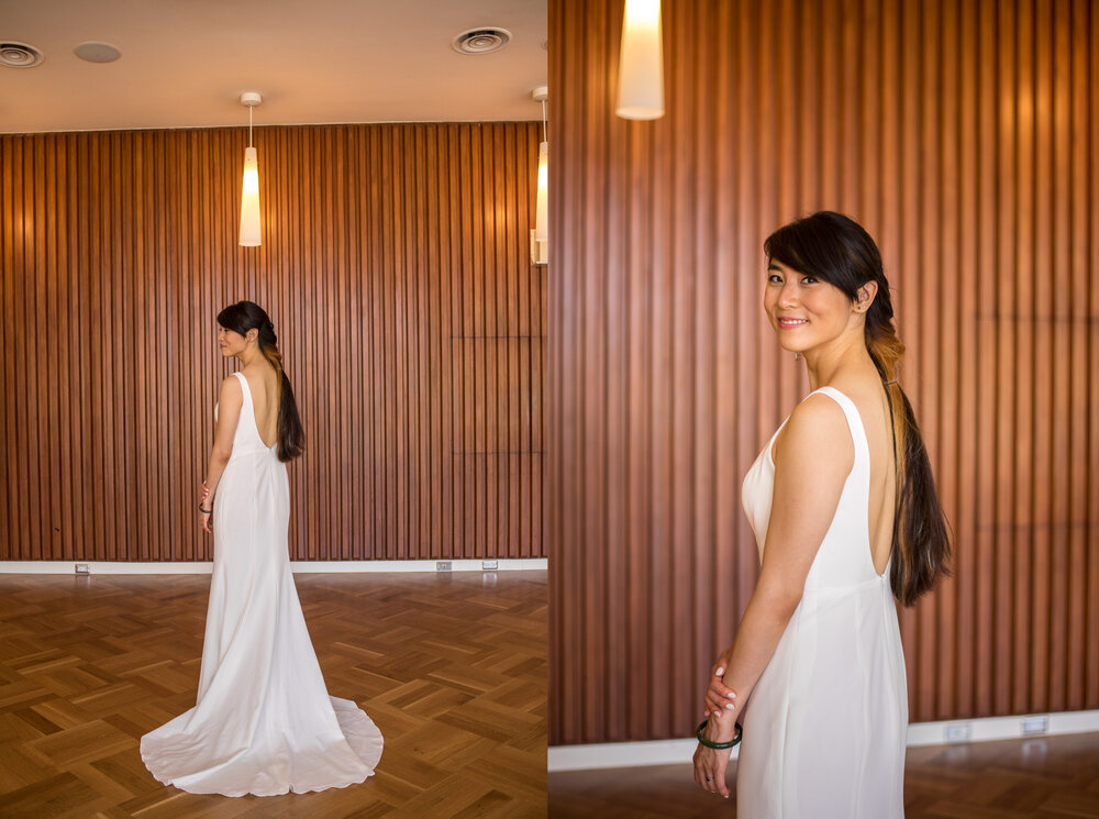 Bridal portraits inside wooden backdrop, Sage restaurant in UBC