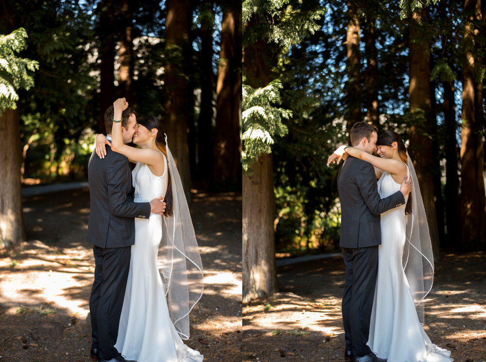 Bride and Groom portrait in forest at UBC Rose Garden